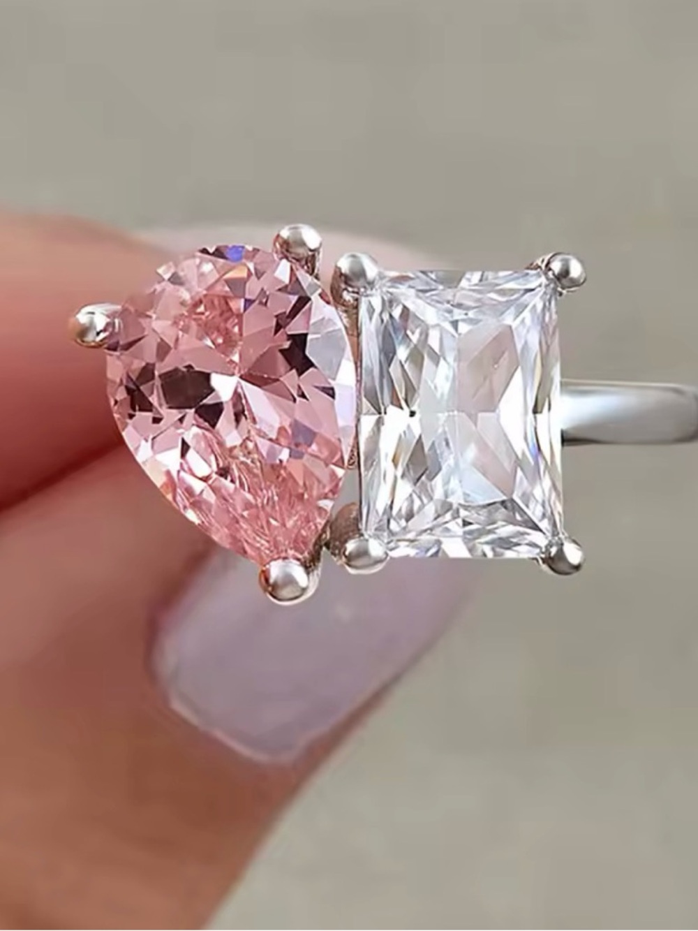 NEW Toi et Moi Ring 925 Sterling Silver Classic CZ Pink & White